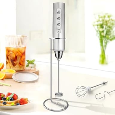 Sakgos Milk Frother with Stand Rechargeable-Handheld Frother Wand with 3 Stainless Whisks 3 Speed Adjustable, Electric Whisk Drink Mixer, Foam Maker Blender for Matcha Latte Cappuccino Chocolate - Image 1