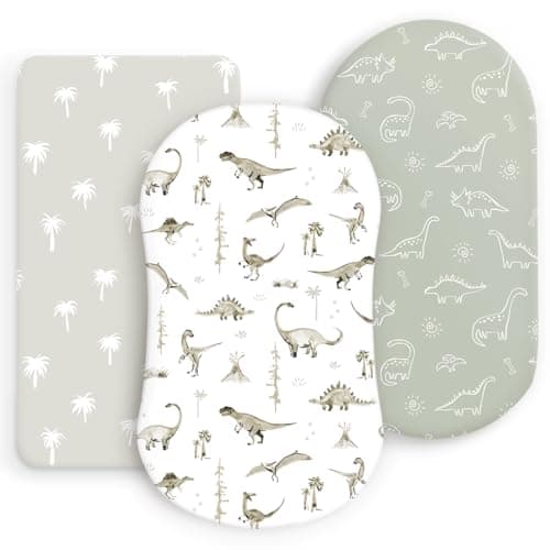 Ultra Soft Stretchy Jersey Knit Fitted Bassinet Sheets 3 Pack, Universal Fitted for Baby Cradle Moses Basket Oval Rectangle Mattress Safe and Snug, Bassinet Fitted Sheets for Boy, Dinosaur Print - Image 1