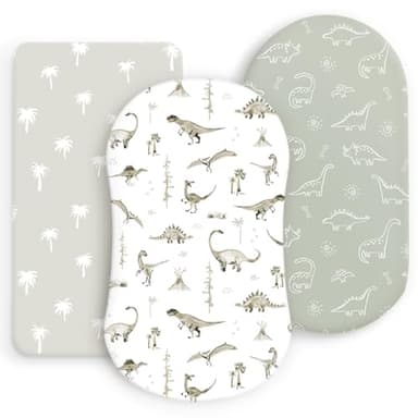 Ultra Soft Stretchy Jersey Knit Fitted Bassinet Sheets 3 Pack, Universal Fitted for Baby Cradle Moses Basket Oval Rectangle Mattress Safe and Snug, Bassinet Fitted Sheets for Boy, Dinosaur Print - Image 1