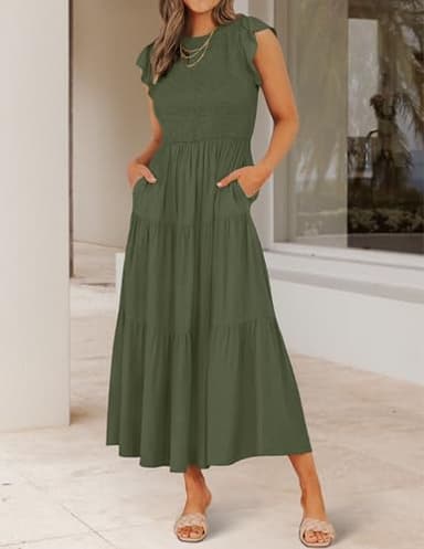 ZESICA Women's 2025 Summer Casual Flutter Short Sleeve Crew Neck Smocked Elastic Waist Tiered Midi Dress,Army Green,Medium - Image 2