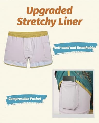 maamgic Mens Short 80s 90s Vintage 5.5" Swim Trunks Swimsuits Board Shorts Compression Liner Quick Dry 2 in 1 Bathing Suits Vintage Floral Green Yellow X-Large - Image 5