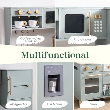 ROBUD Play Kitchen Set, Wooden Play Kitchen with Ice Maker, Fridge, Coffee Machine, Oven, Dishwasher, Microwave, Kitchen Accessories, Toy Kitchen Gift for Boys Girls, 3+ - Image 5