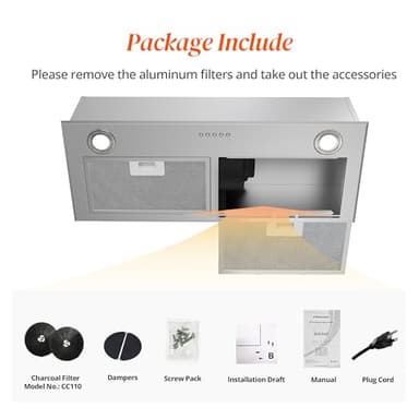FIREGAS Range Hood 28 inch, Built-in Stainless Steel Kitchen Vent Hood with 450 CFM, 3 Speed Exhaust Fan, 2 LED Lights & Button Control, Ducted/Ductless Convertible - Image 9
