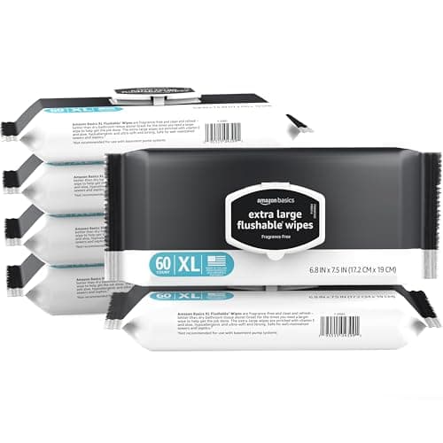 Amazon Basics Extra Large Flushable Wipes, 360 wipes (6 packs of 60), Adult Wet Wipes and Resealable closure - Image 1