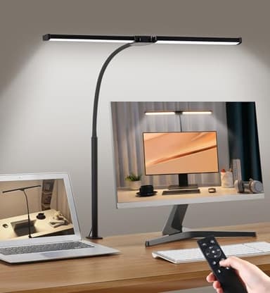 Led Desk Lamp for Home Office, Eye-Care Architect Light with Clamp, Smart Double Head Computer Monitor Table Clip Lamp, Adjustable Flexible Gooseneck, 25 Lighting Models, Task Lamp, Black - Image 1