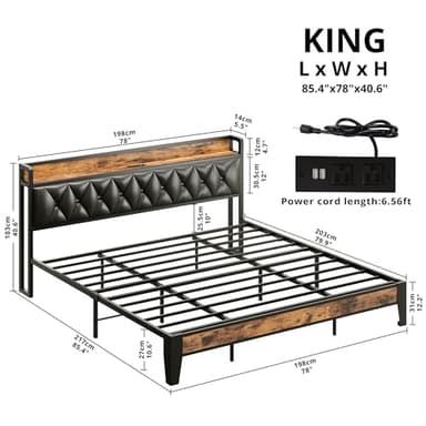 ANCTOR King Bed Frame, Storage Headboard with Outlets, Easy to Install, Sturdy and Stable, No Noise, No Box Springs Needed, Rustic Brown and Black - Image 2