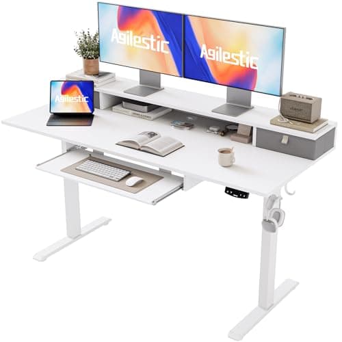 Agilestic Electric Standing Desk with 2 Drawers and Keyboard Tray, 55 x 24 Inches Ergonomic Adjustable Height Desk with Storage, Sit Stand up Desk Computer Workstation, White - Image 1