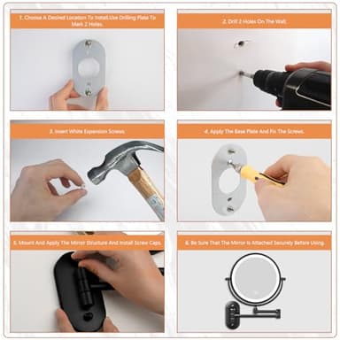 Auxmir 1X/30X Wall Mounted Makeup Mirror with Light, 8" Rechargeable Double-Sided Magnifying Mirror, Vanity Mirror Dimmable 3 Color Light, 360° Extension Rotation Foldable 14.5 Inch Arm, Black - Image 9