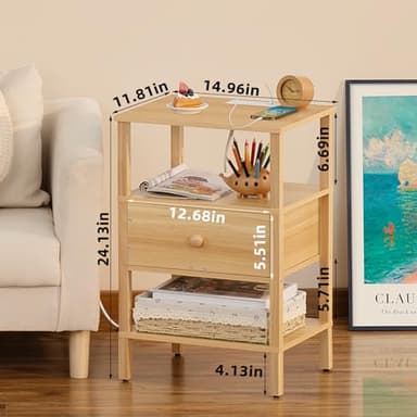 Lerliuo Nightstand Set of 2 with Charging Station and USB Ports, 3-Tier Storage End Table with Drawer Shelf, Night Stand for Small Spaces, Wood Bedside Table for Living Room, Bedroom - Natural Wood - Image 3