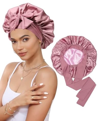 Satin Bonnet for Sleeping Cap Double Layer Hair Bonnet with Elastic Tie Band for Curly Hair Night Cap (Bean Paste + Pink) - Image 1