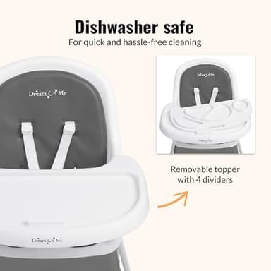 Dream On Me Curio Sit N Seek 3 in 1 Convertible Baby High Chair in Solid Grey, Removable and Adjustable Tray, Portable High Chair, Adjustable Legs, Detachable Footrest & 5 Point Safety Harness - Image 7