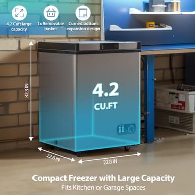 4.2 Cubic Feet Deep Chest Freezer, LifePlus Compact Freezers with 7 Adjustable Thermostat Top Open Door Freezer Compressor Cooling with Rmovable Storage Basket for Home Kitchen Office and Bar Grey - Image 3