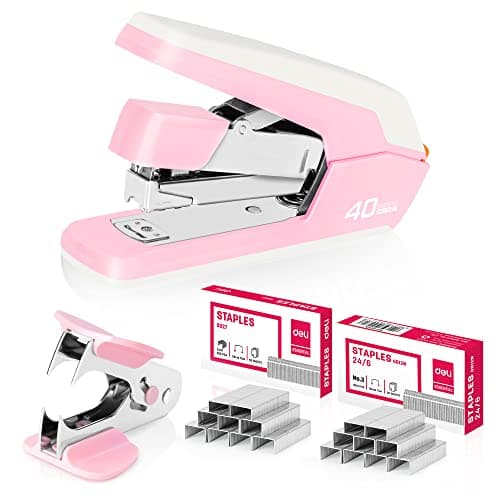 Deli Effortless Desktop Stapler, Heavy Duty Stapler, 40-50 Sheet Capacity, One Finger, No Effort, Includes 1500 Staples & Staple Remover, Pink - Image 1