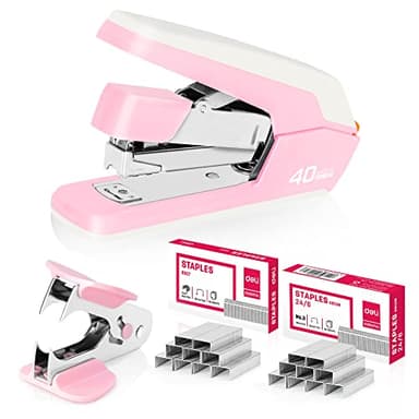 Deli Effortless Desktop Stapler, Heavy Duty Stapler, 40-50 Sheet Capacity, One Finger, No Effort, Includes 1500 Staples & Staple Remover, Pink - Image 1