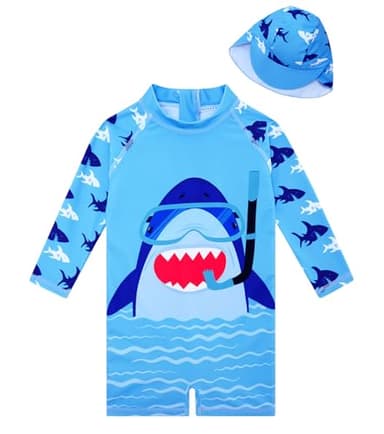 18-24 Months Baby Boys Swimsuit Rash Guard Swimwear Blue Shark Fish Long Sleeve Bathing Suit One-Piece Beach Sunsuit with Sun Hat - Image 1