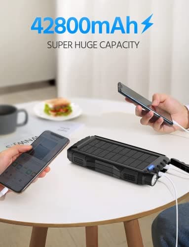Solar Charger, Power Bank, 42800mAh Portable Charger Power Bank External Battery Pack 5V3.1A Qc 3.0 Fast Charger Built-in Super Bright Flashlight (Black) - Image 6