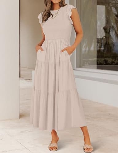 ZESICA Women's 2025 Summer Casual Flutter Short Sleeve Crew Neck Smocked Elastic Waist Tiered Midi Dress,Apricot,Medium - Image 2