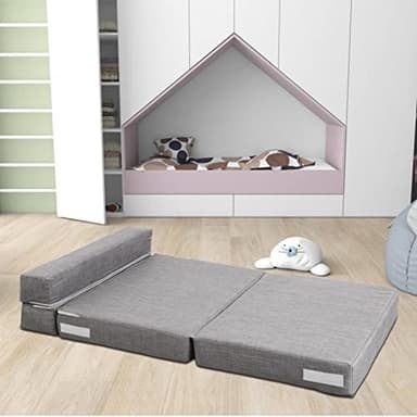ANONER 60" Folding Sleeper Chair Sofa Bed Lazy Couch with 2 Pillows, Queen Size Memory Foam Washable Cover, Light Gray - Image 2