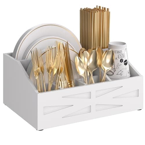Paper Plate Dispenser,for Countertop,Paper Plate Holder for Kitchen Counter,Wood Rustic silverware holder,paper plate organizer for Fork Knife Spoons Plates,Silverware Caddy for Party,Camping - Image 1