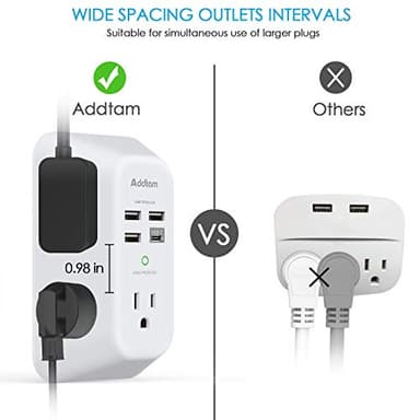 Addtam USB Wall Charger Surge Protector 5 Outlet Extender with 4 USB Charging Ports (1 USB C Outlet) 3 Sided 1800J Power Strip Multi Plug Outlets Wall Adapter Spaced for Home Travel Office ETL Listed - Image 3