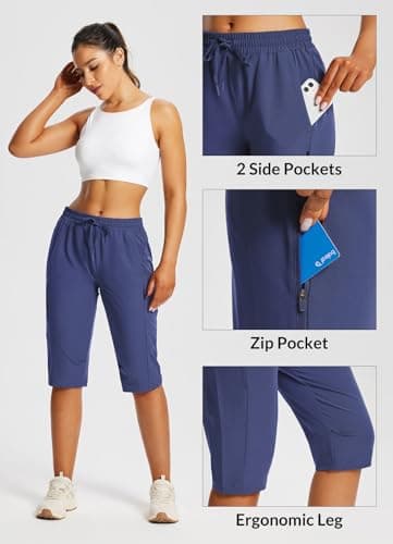 baleaf Women's 15" Long Shorts Below The Knee Capri Hiking Cargo Shorts Lightweight Quick Dry Elastic Waist for Casual Estate Blue L - Image 3