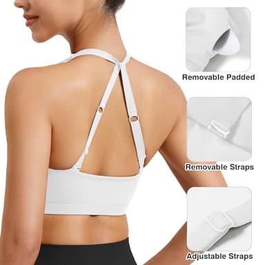 VOYJOY Workout Sports Bras for Women Padded Backless Strappy Fitness Wireless Gym Medium Impact Bra Yoga Crop Top White M - Image 3