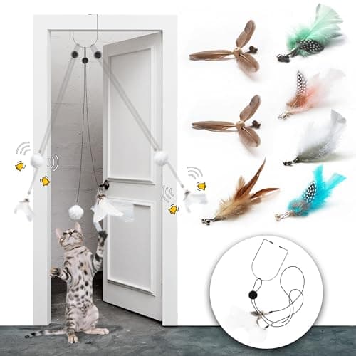 LEKEWPET Retractable Cat Feather Toys 7PCS Refills with Bell, Interactive Doorway Hanging Teaser Toys for Indoor Cats, Kitten Play Exercise Feather Teaser Wands - Image 1