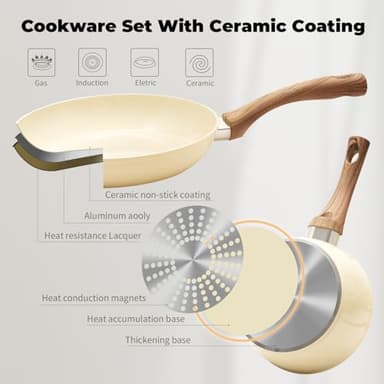 ZHANG XIAO QUAN SINCE 1628 Pots and Pans Sets Non Stick, PTFE/PFAS/PFOA Free Pots and Pans, 10Pcs Aluminium Non Toxic Cookware Set, Cream White Pots and Pans Set - Image 4