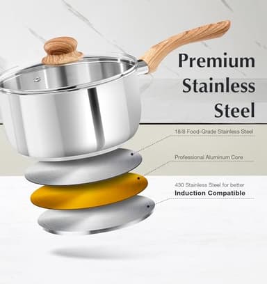 KOCH SYSTEME CS Stainless Steel Saucepan Set, 6 Piece Stainless Steel Pot 1QT & 2QT & 3QT with Heat-resistant Bakelite Handle, Tri-ply Base Pots, Sauce Pan Induction Ready, Pot Set 6PCS - Image 2