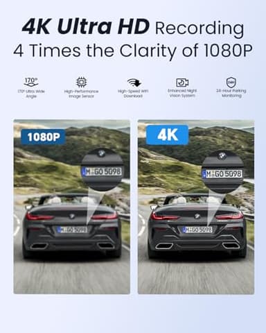 COOLCRAZY 4K Dash Cam Front, Built-in WiFi GPS, Dash Camera for Cars, 3.2" IPS Screen Dashcam with App Control, Free 32G Card, 170°Wide Angle, 24H Parking Mode, WDR, Night Vision, G-Sensor - Image 2