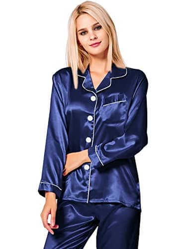 SWOMOG Womens Silk Satin Pajamas Long Sleeve Loungewear Two-piece Sleepwear Button-Down Pj Set Navy Blue - Image 2