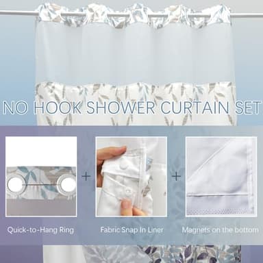 VIUOON No Hook Shower Curtain with Snap-in Fabric Liner Set, Double Layers Heavy Duty Fabric Large Leaf Pattern Bathroom Curtain with See Through Top, Hotel Grade, Machine Washable, 71Wx74L - Image 2