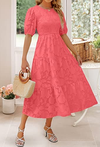 ZESICA Women's 2025 Summer Short Puff Sleeve Crewneck Smocked Floral Lace Flowy A Line Tiered Maxi Dresses,Watermelon,Large - Image 8