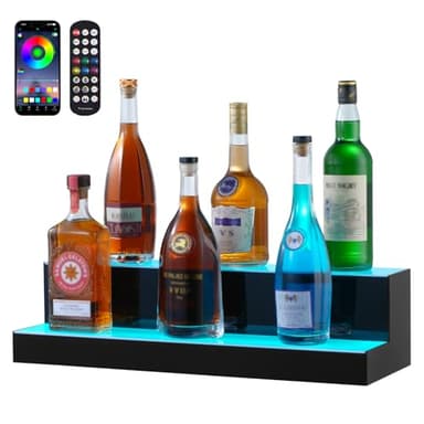 VEVOR LED Lighted Liquor Bottle Display, 2 Tiers 24 Inch Commercial Illuminated Home Bar Shelf, 2 Steps Whiskey Rack Stand, Acrylic Drink Shelves with RF Remote & App Control, and Multicolor Light - Image 1