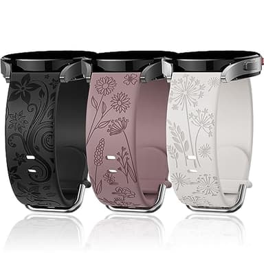 Flower Engraved Bands Compatible with Samsung Galaxy Watch 7/ FE/ 6/5/ 4/ Active 2 40mm 44mm/ 5 Pro 45mm/ Watch 6/4 Classic 43mm 47mm 42mm 46mm, 3 Pack 20mm Soft Silicone Replacement Watch Band BPS - Image 1