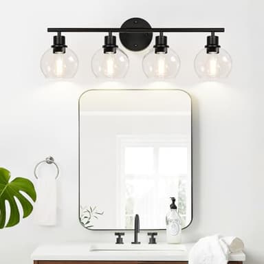 2025 Upgrade 4-Light Bathroom Light Fixtures, Black Bathroom Lights Over Mirror with Clear Glass Globe Shade, Vanity Lights for Bathroom Kitchen Living Room Hallway Cabinet Bedroom Porch - Image 9