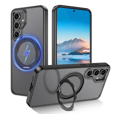 Rancase Compatible with Galaxy S24 FE Case with Stand,Fit for MagSafe,360°Rotatable Ring Designed,Translucent Matte Texture Protective Military Grade Shockproof Case,Black - Image 1