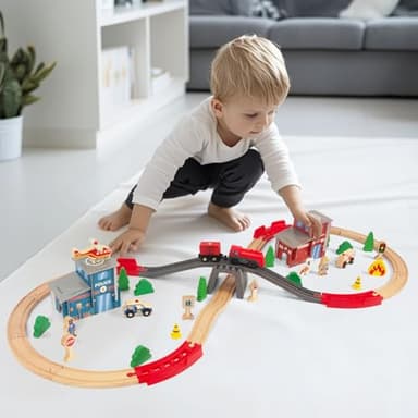 WoodenEdu Wooden Train Set for Toddler - 60 Pcs- with Wooden Tracks fits Thomas, fits Brio, fits Chuggington, fits Melissa and Doug - Expandable, Changeable-Train Toy for 3 4 5 Years Old Girls & Boys - Image 5