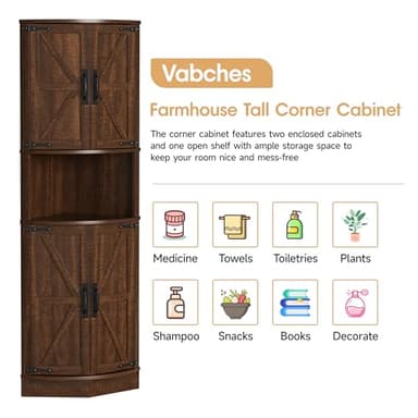 Vabches 64.8" Tall Farmhouse Corner Cabinet with 4 Doors and 5 Storage Shelves, Farmhouse Storage Cabinet with Barn Door Design, Home Space Saver for Living Room, Kitchen, Laundry Room,Brown - Image 5