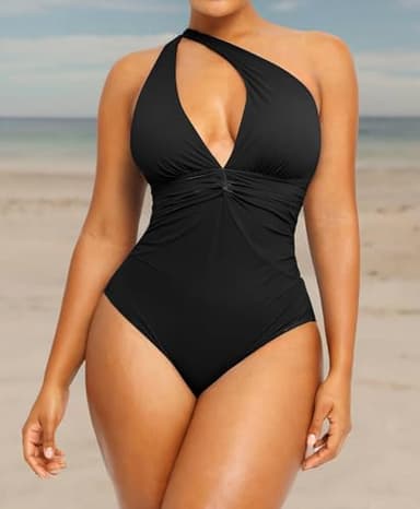 SHAPELLX One Piece Swimsuit Women Tummy Control V Neck One Piece Bathing Suit Built-in Bra One Shoulder Swimwear S Black - Image 7