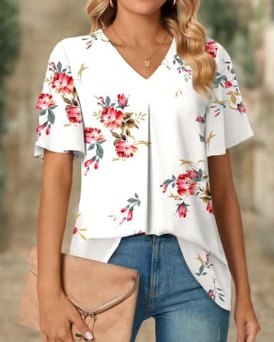 Anyally Women's Summer Dressy Chiffon Blouses V Neck Ruffle Short Sleeve Tunic Tops for Leggings Casual T-Shirts, XL Floral White - Image 8