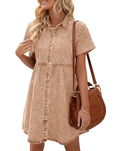 LookbookStore Women's Short Sleeve Babydoll Dress with Lapel Collar Button Down Dress Loose Fit Denim Dress for Women Casual Pecan Brown Size S - Image 1