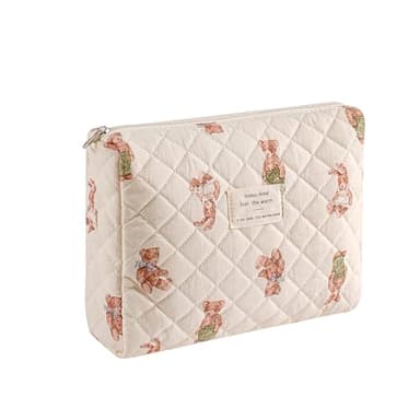 uekeboag Quilted Cotton Makeup Bag,Coquette Quilted Toiletry Bag for Women and Girls,Floral Coquette Pouch,Cute Kawaii Travel Cosmetic Bags(White Bear) - Image 2