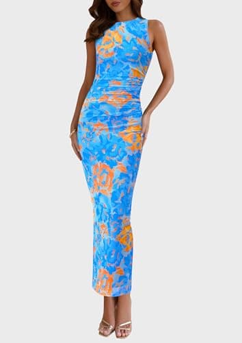 PRETTYGARDEN Wedding Guest Dresses for Women 2025 Summer Spring Floral Bodycon Sleeveless Mesh Maxi Long Dress(Floral Blue,Large) - Image 3