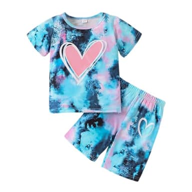 GOLLUNER Tween Girl Clothes Tie Dye Heart Print Short Sleeve Top and Shorts Girl Summer Outfits Short Set(8-9T) - Image 1