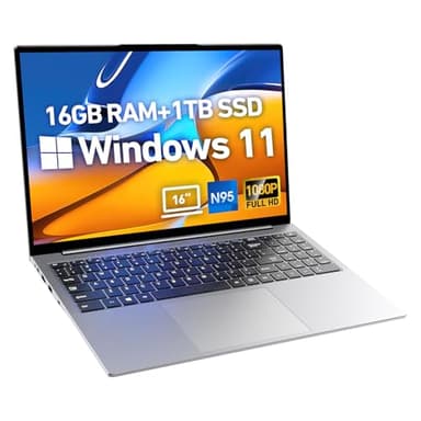 2025 Latest 16'' Laptop, 1TB SSD 16GB RAM, 2024 New Processor N95(3.4GHz), 8000mAh Battery, Backlit Keyboard, Compatible with Windows 11, Fingerprint, USB 3.2, HDMI, WiFi5, Bluetooth, TF Card Slot - Image 1