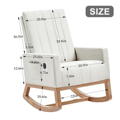 VECELO Rocking Chair Nursery Upholstered Modern Glider Rocker with Padded Seat High Backrest USB Port Comfy Armchair and Side Pocket for Living Room Bedroom Balcony Offices, White - Image 2