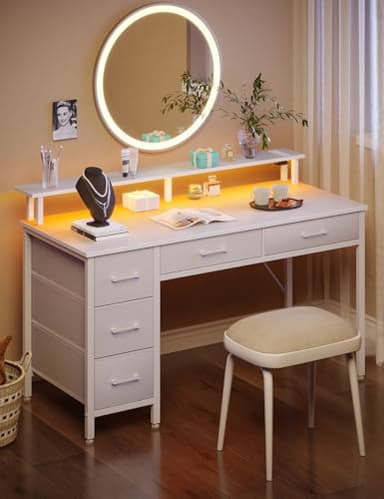 Seventable Computer Desk with Power Outlets & LED Light, 47 inch Home Office Desk with 5 Drawers, Writing Desk with Monitor Stand, Work Desk for Home Office, White - Image 2