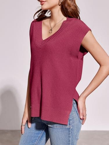 Saodimallsu Womens V Neck Sweater Vest Oversized Ribbed Knit Sleeveless Casual Loose Fit Pullover Tank Top Burgundy - Image 4