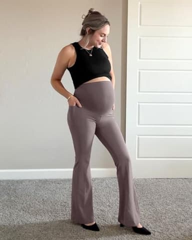 G4Free Maternity Yoga Pants Bootcut Pregnancy Sweatpants with Pockets Over The Belly Stretchy Quick Dry Workout Bottoms (Taupe,XL,31") - Image 7